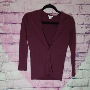 LEWIT PARTIAL BUTTON FRONT V NECK RIBBED CARDIGAN SWEATER MERINO WOOL SILK SMALL